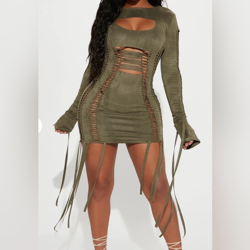 Fashion Nova Olive Long Sleeve Lace-Up Dress